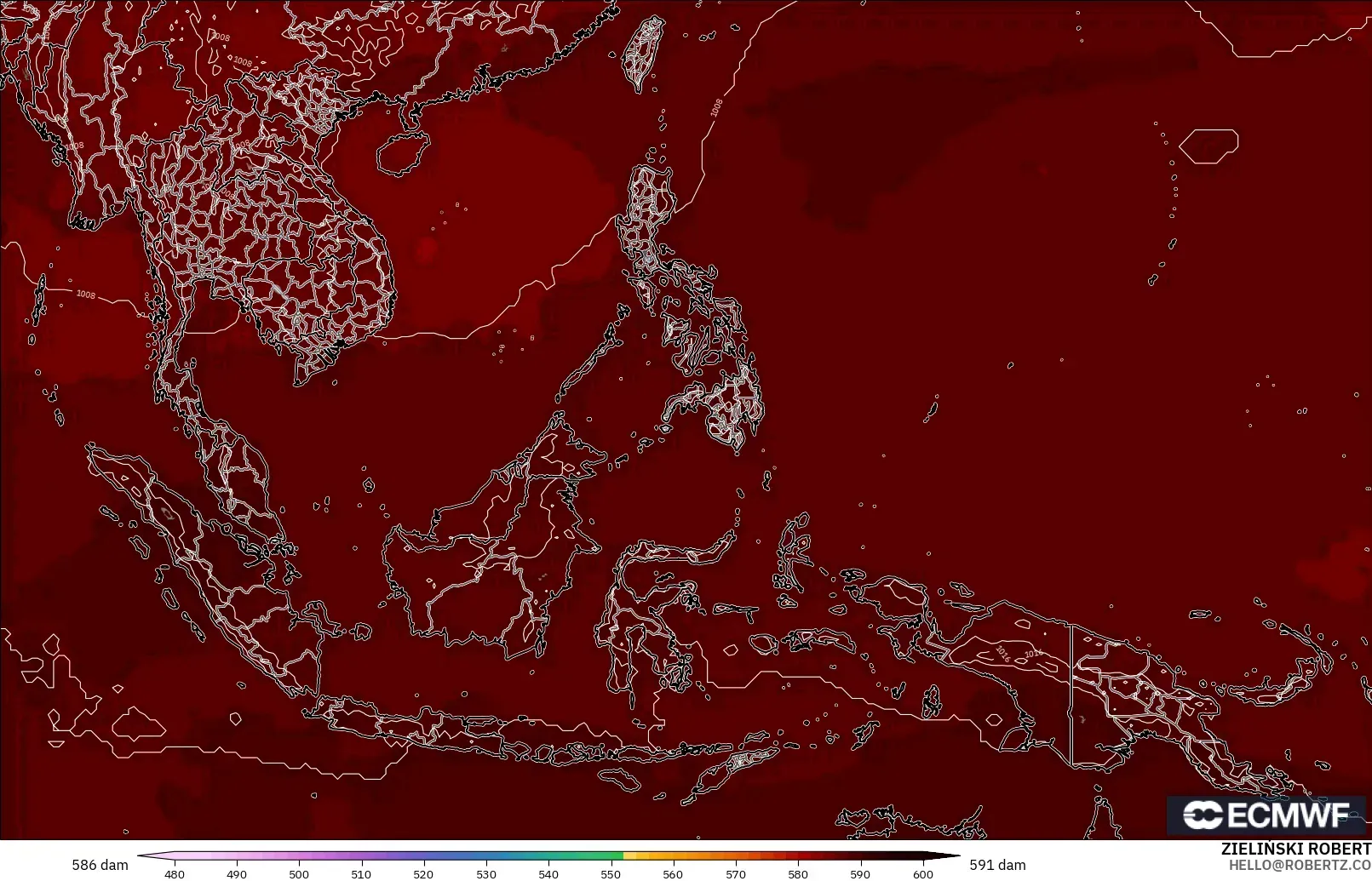 ECMWF IFS 0.25° modelo - Sudeste Asiático, Altura geopotencial a 500 hPa