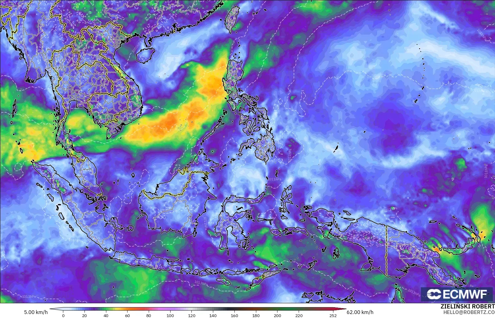 ECMWF IFS 0.25° modelo - Sudeste Asiático, Ráfagas de Viento Máximas
