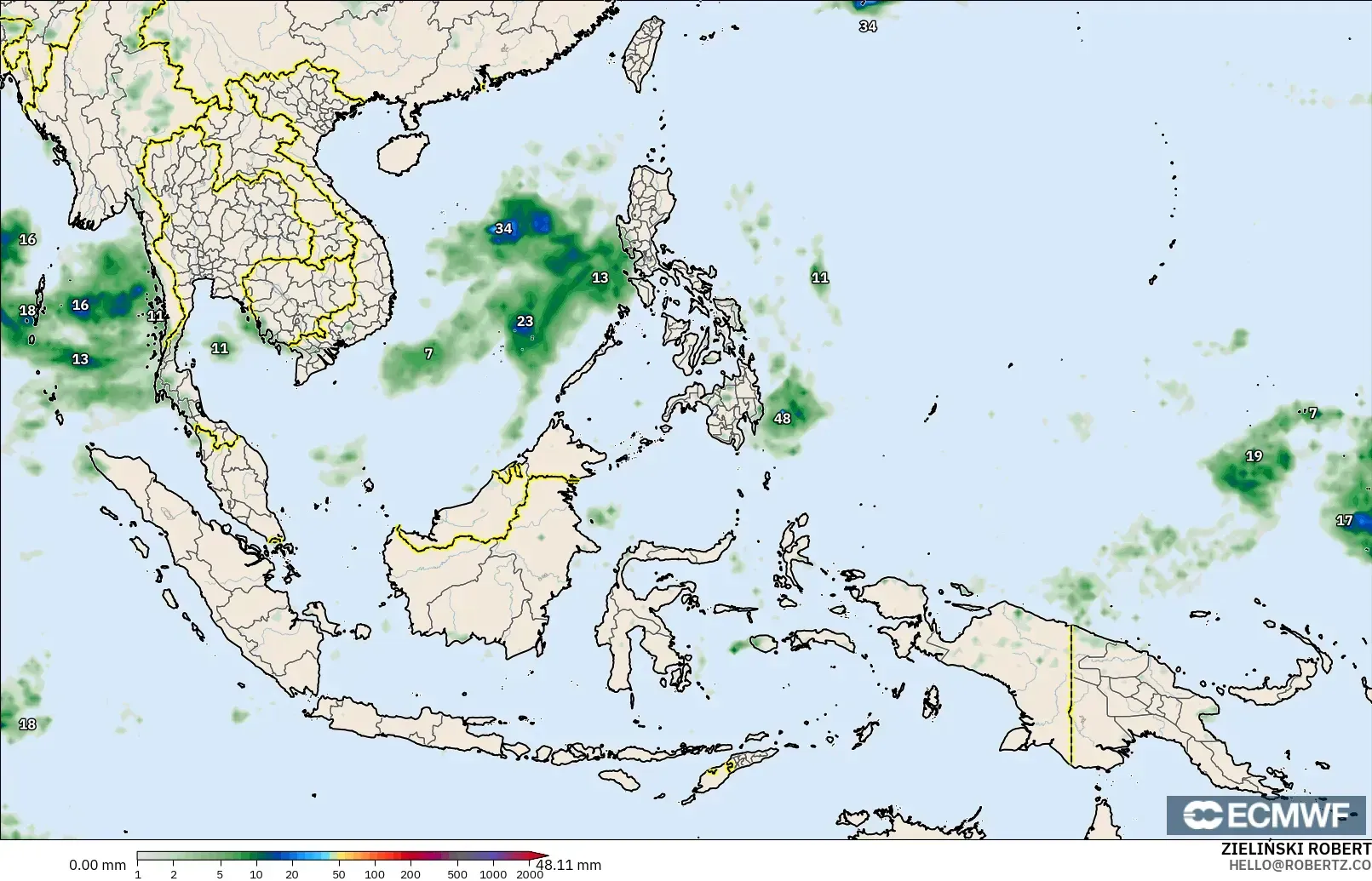 ECMWF IFS 0.25° modelo - Sudeste Asiático, Acumulación de precipitación