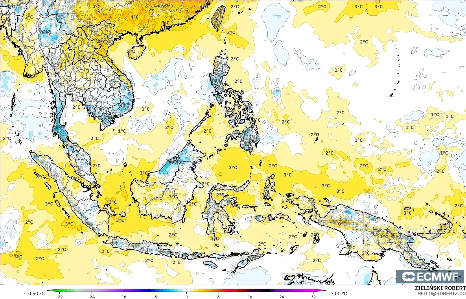 ECMWF IFS 0.25° modelo - Sudeste Asiático, Anomalía de temperatura a 2 m