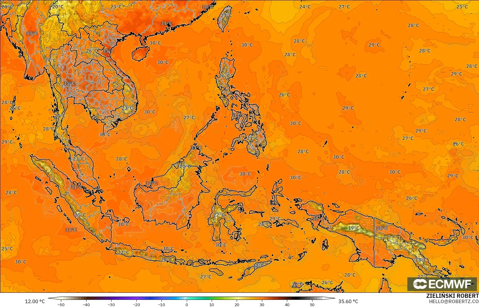 ECMWF IFS 0.25° modelo - Sudeste Asiático, Temperatura a 2 m