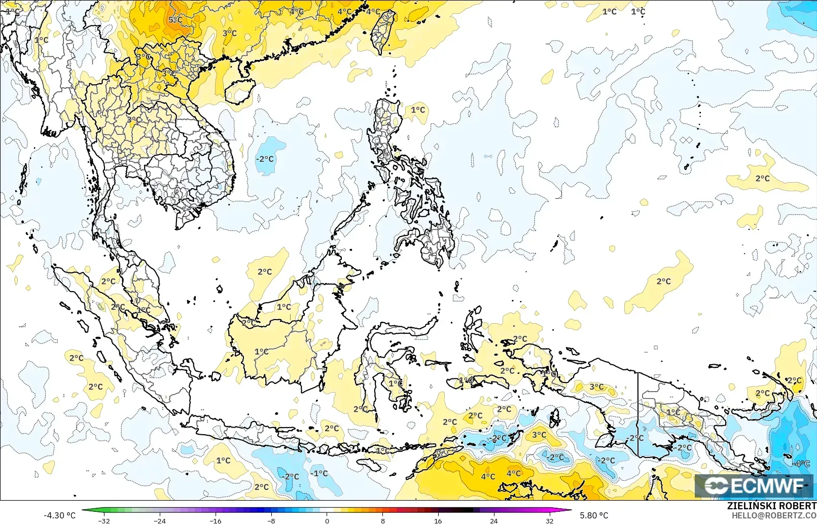 ECMWF IFS 0.25° modelo - Sudeste Asiático, Anomalía de temperatura a 850 hPa
