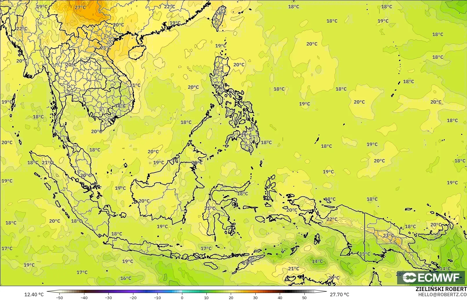 ECMWF IFS 0.25° modelo - Sudeste Asiático, Temperatura a 850 hPa