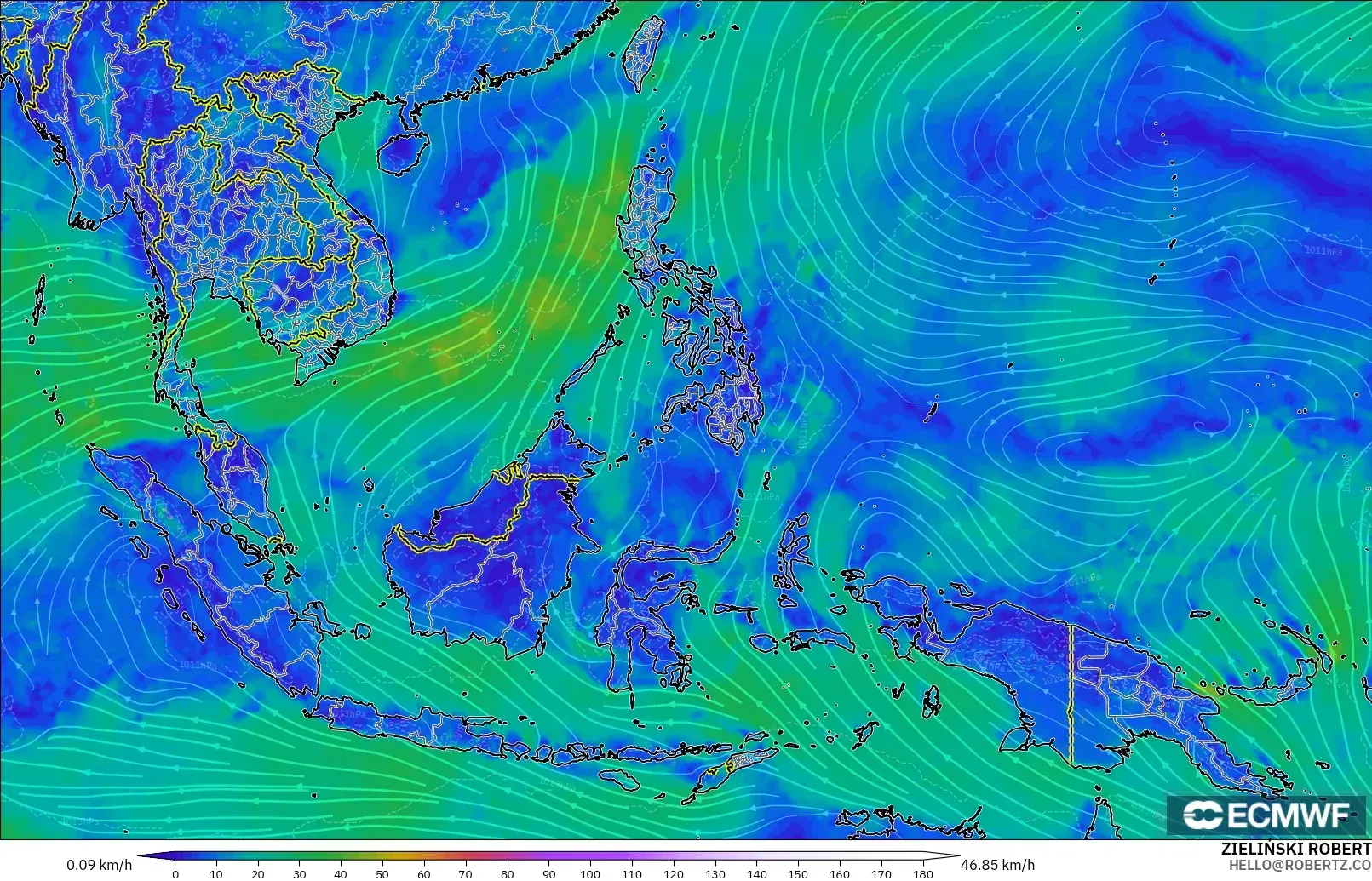 ECMWF IFS 0.25° modelo - Sudeste Asiático, Viento a 10 m