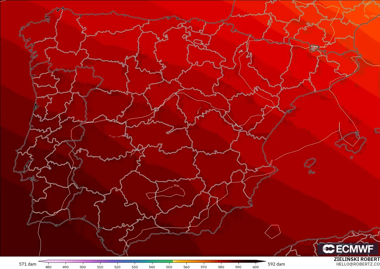 ECMWF IFS 0.25° modelo - España, Altura geopotencial a 500 hPa