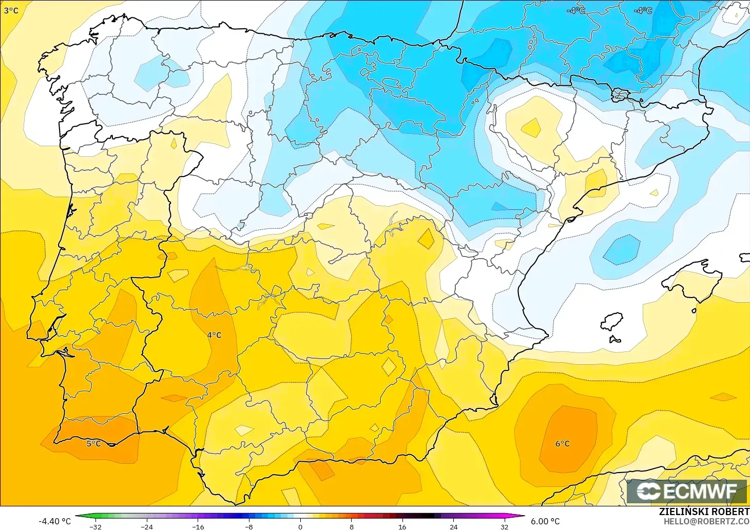ECMWF IFS 0.25° modelo - España, Anomalía de temperatura a 850 hPa