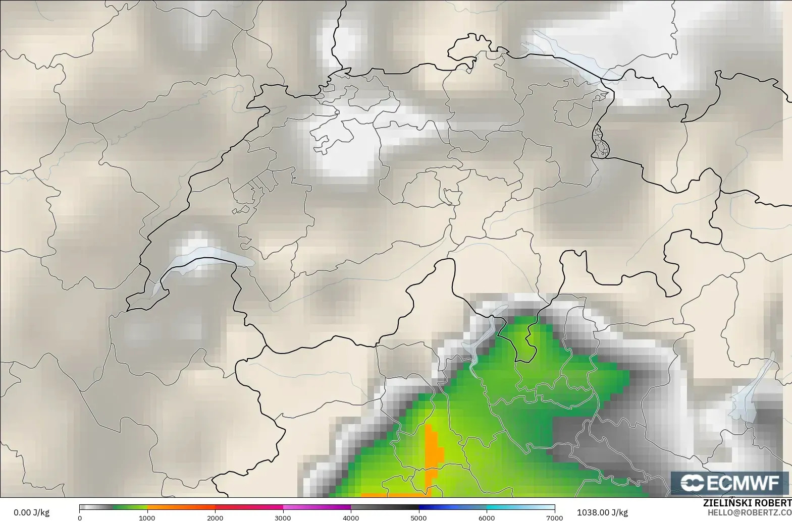 ECMWF IFS 0.25° modelo - Suiza, CAPE
