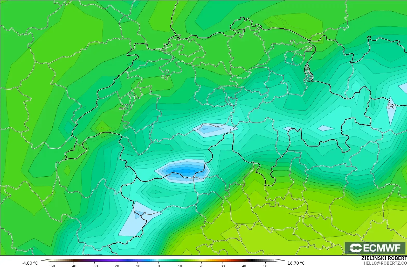 ECMWF IFS 0.25° modelo - Suiza, Punto de rocío a 2 m