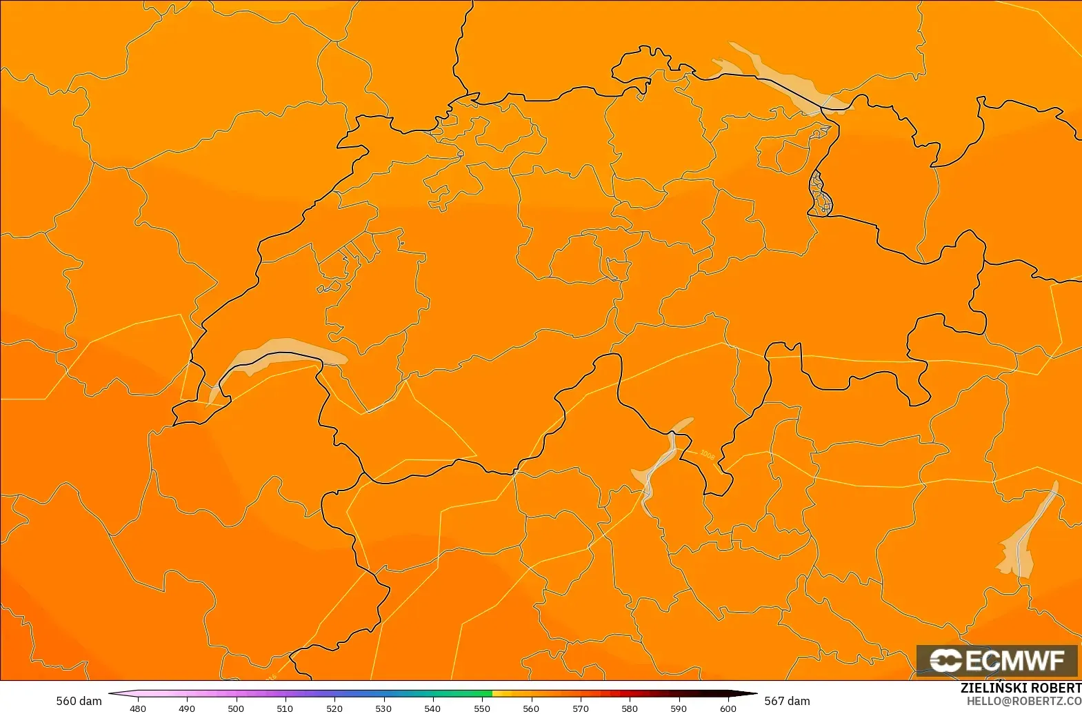 ECMWF IFS 0.25° modelo - Suiza, Altura geopotencial a 500 hPa