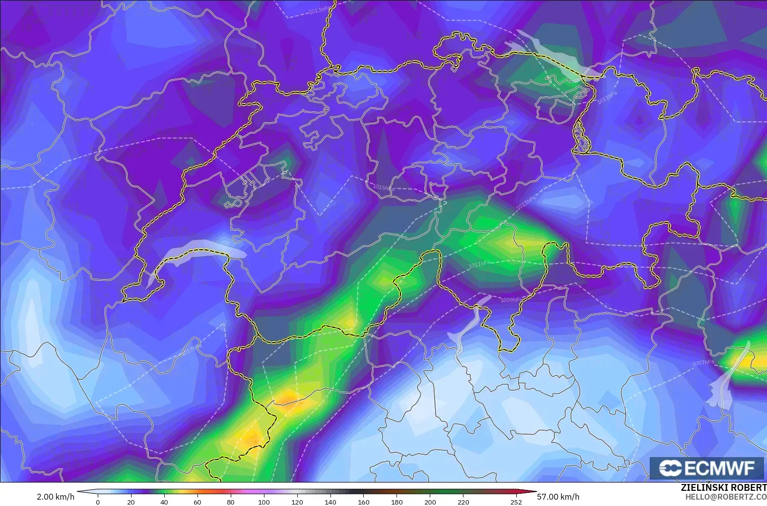 ECMWF IFS 0.25° modelo - Suiza, Ráfagas de Viento Máximas
