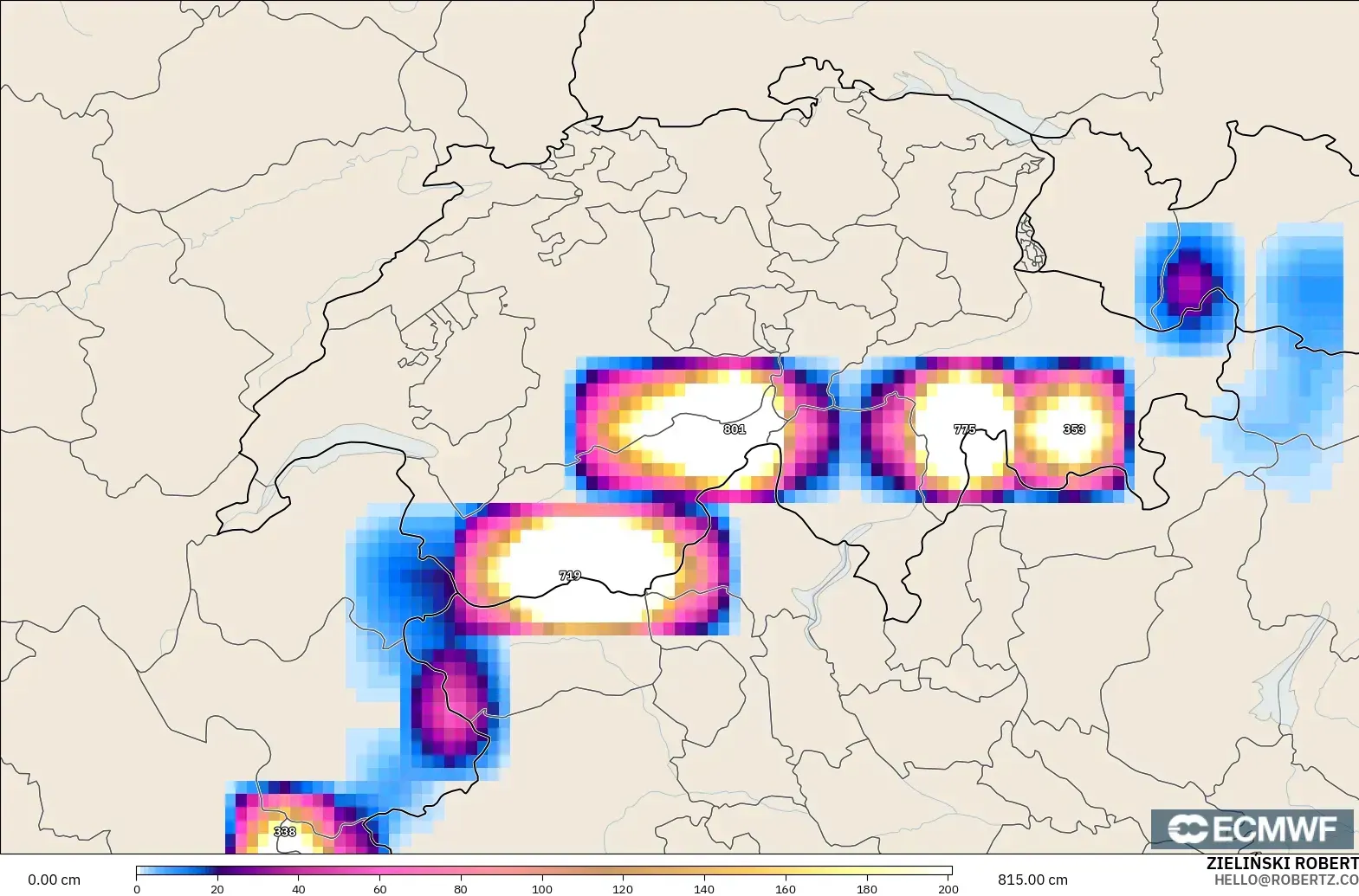 ECMWF IFS 0.25° modelo - Suiza, Profundidad de nieve