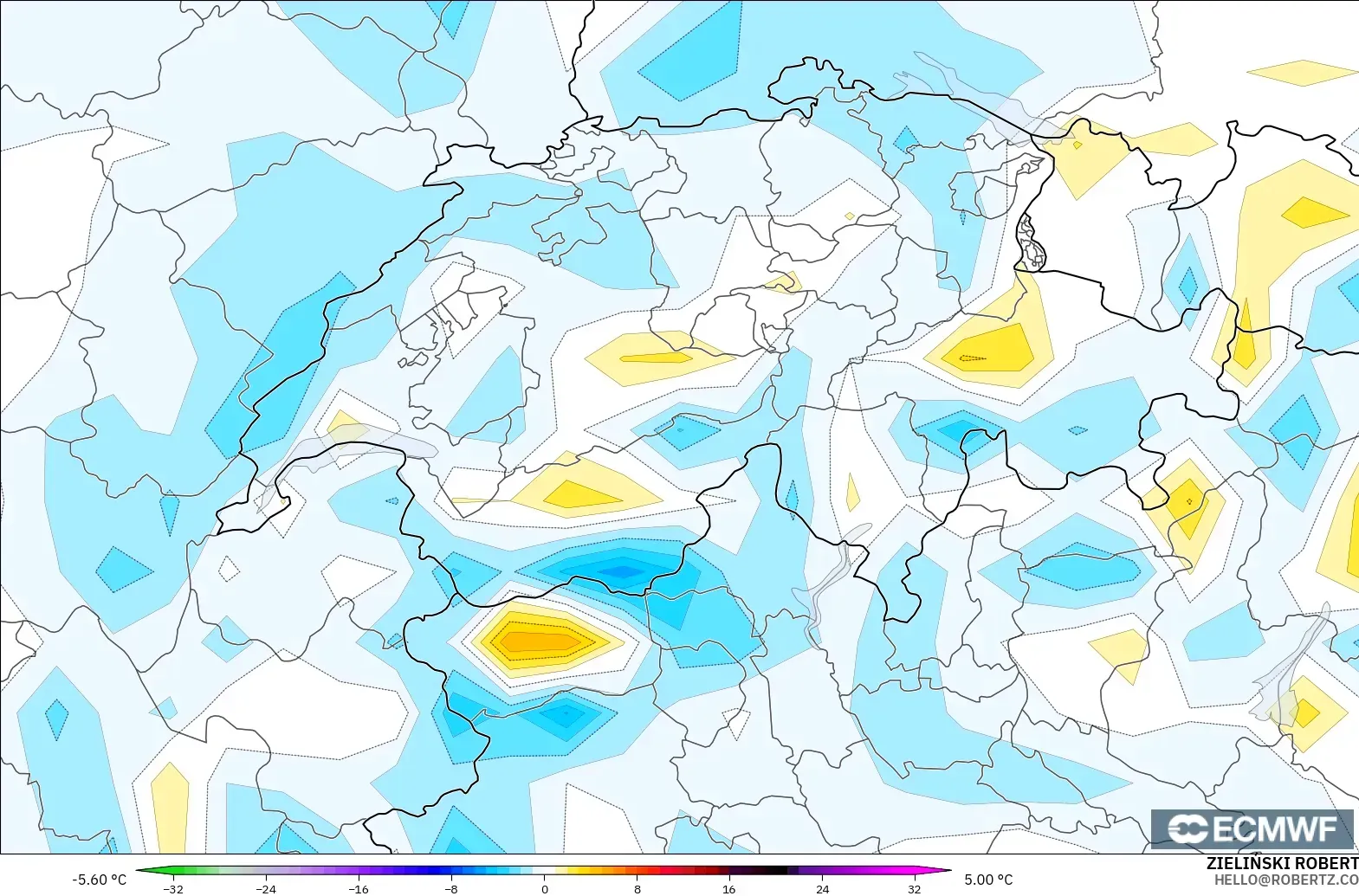 ECMWF IFS 0.25° modelo - Suiza, Anomalía de temperatura a 2 m