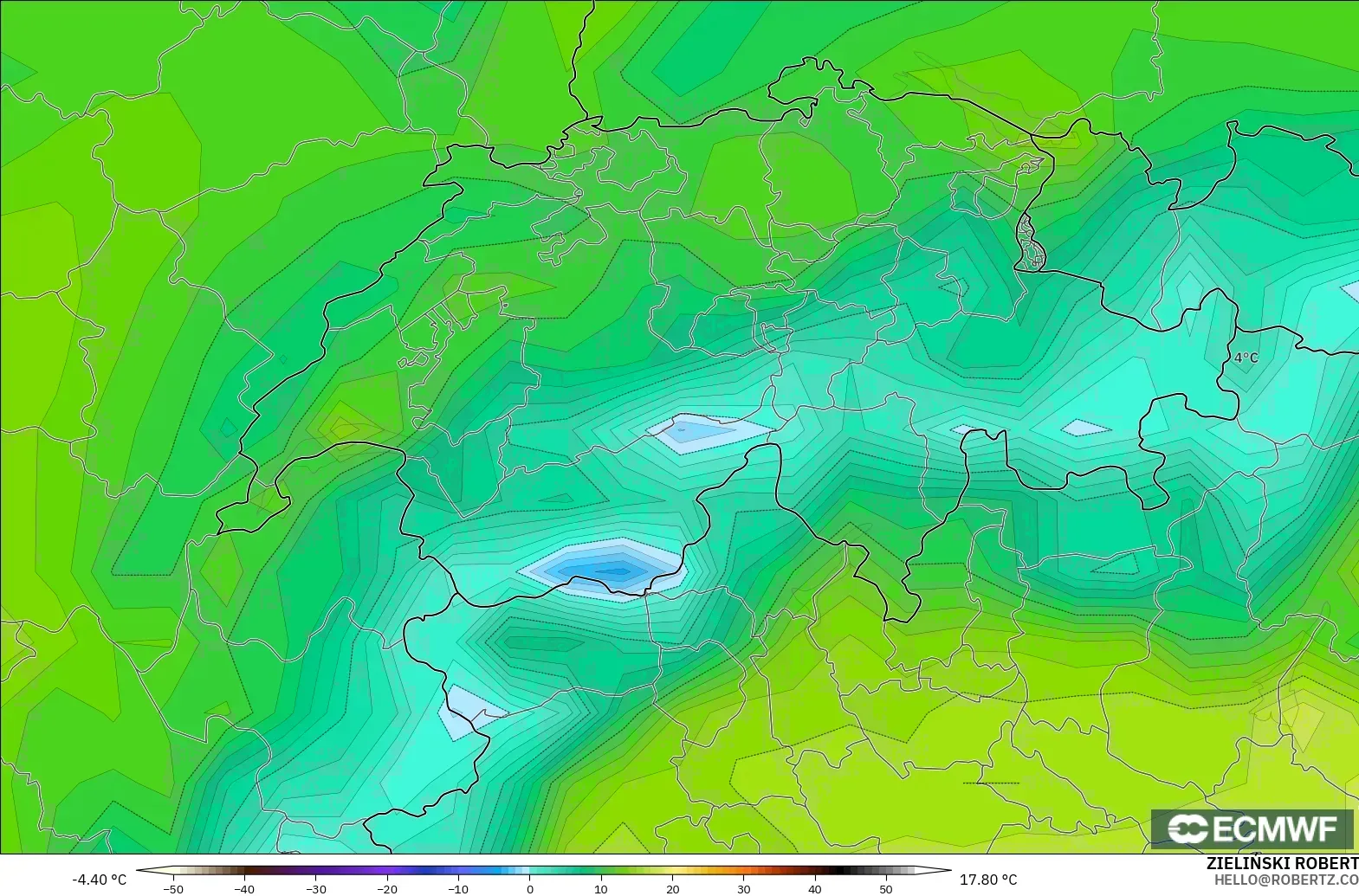 ECMWF IFS 0.25° modelo - Suiza, Temperatura a 2 m