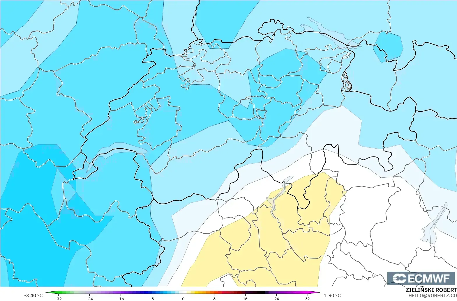 ECMWF IFS 0.25° modelo - Suiza, Anomalía de temperatura a 850 hPa