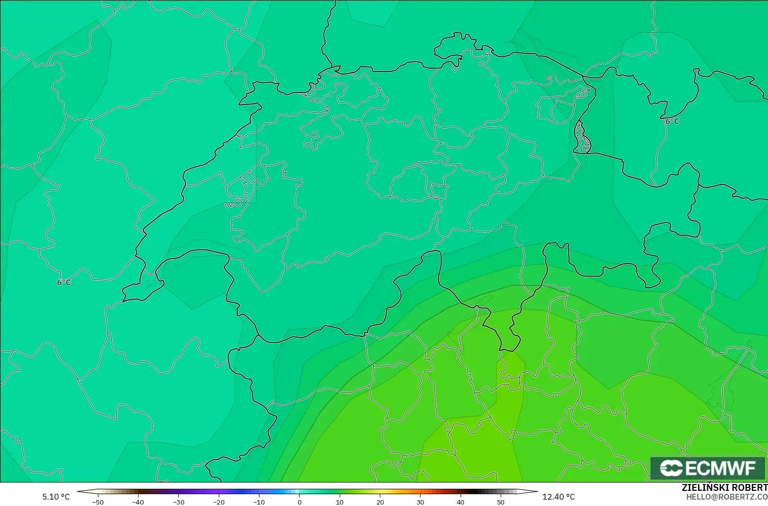 ECMWF IFS 0.25° modelo - Suiza, Temperatura a 850 hPa