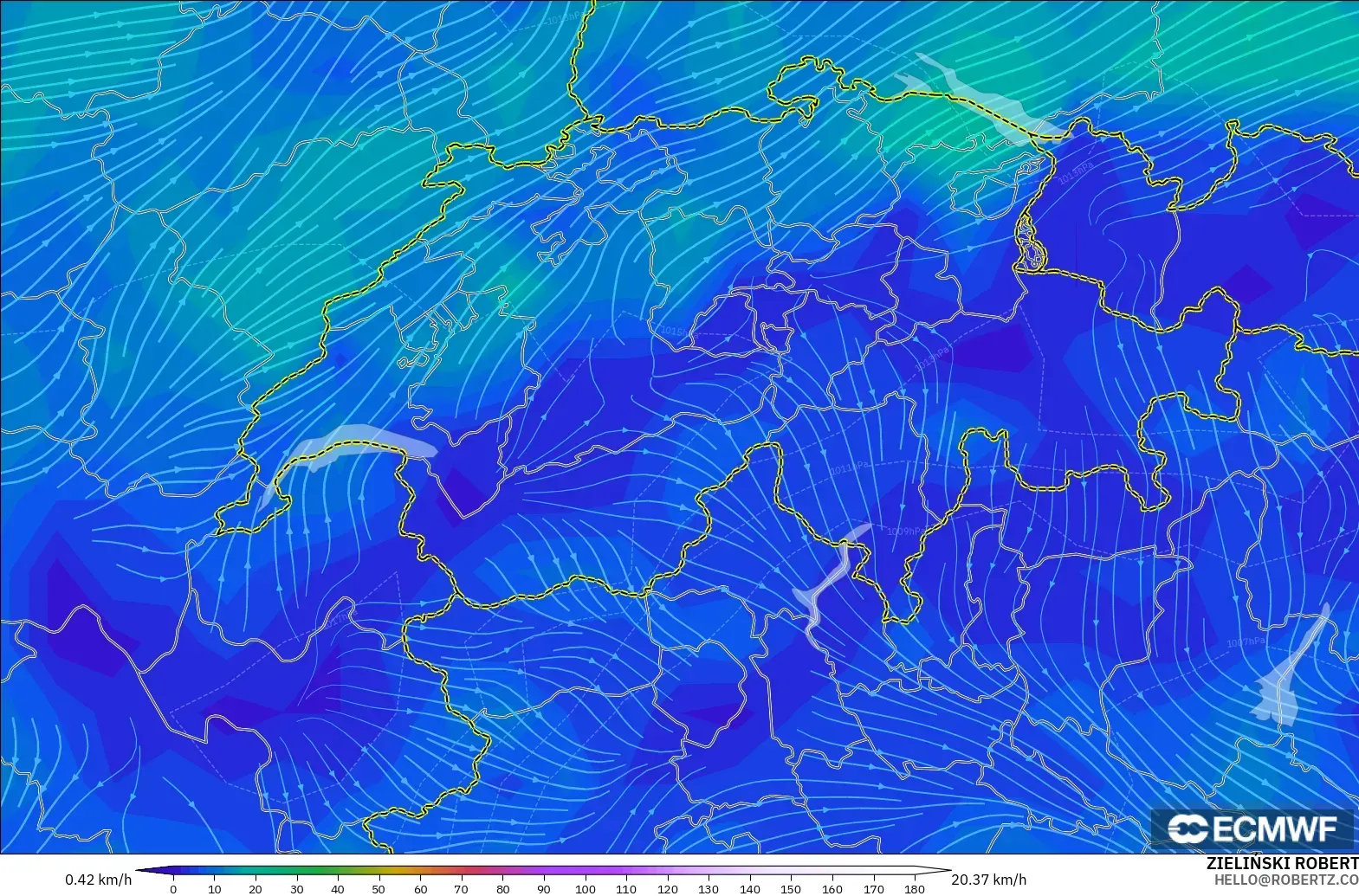 ECMWF IFS 0.25° modelo - Suiza, Viento a 10 m