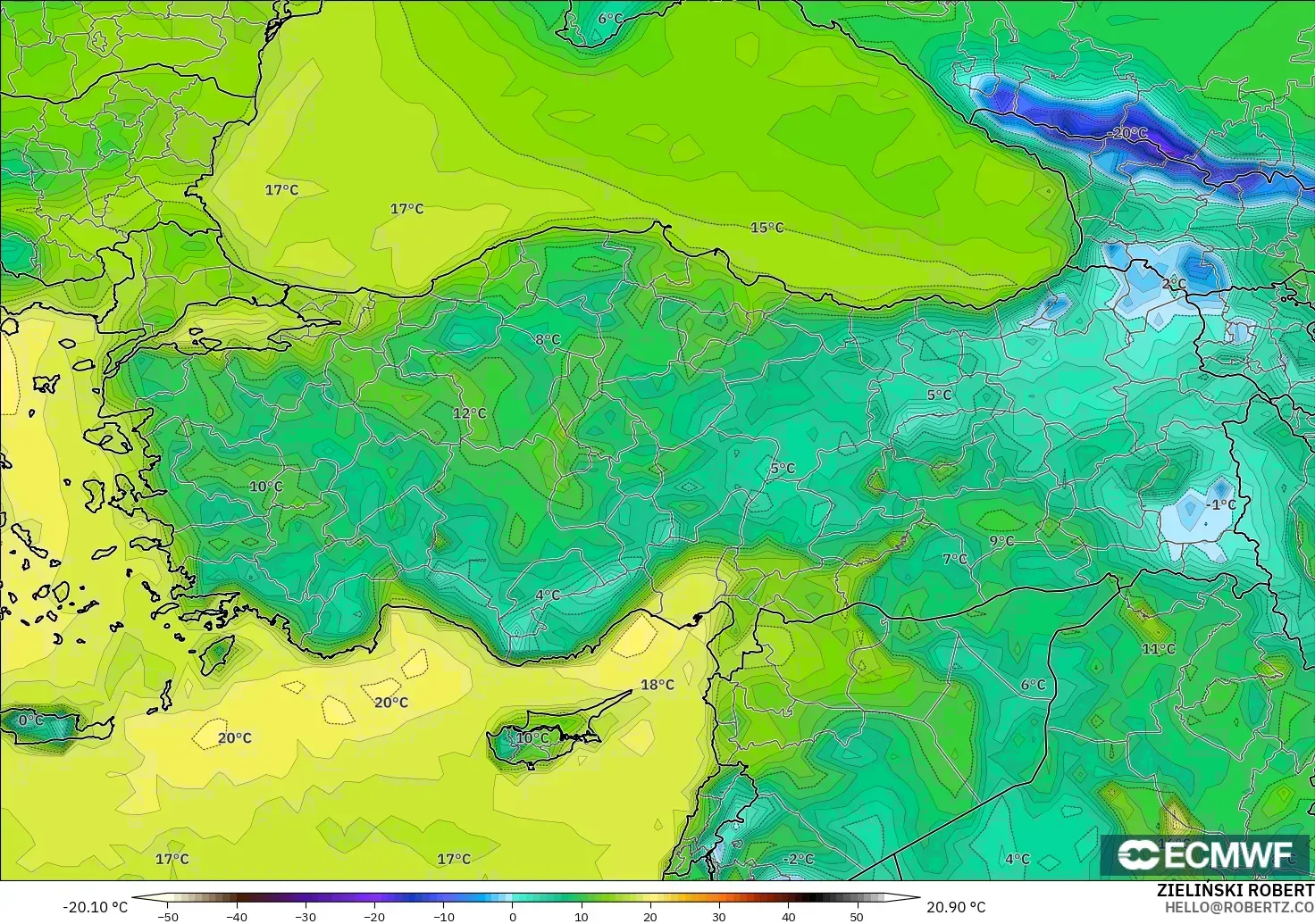 ECMWF IFS 0.25° modelo - Turquía, Punto de rocío a 2 m