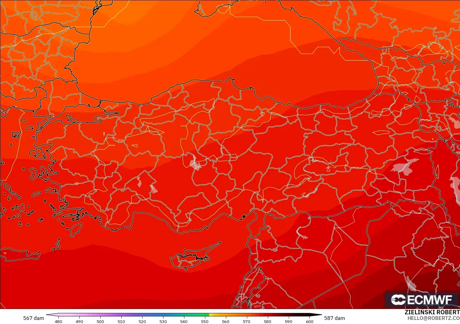 ECMWF IFS 0.25° modelo - Turquía, Altura geopotencial a 500 hPa