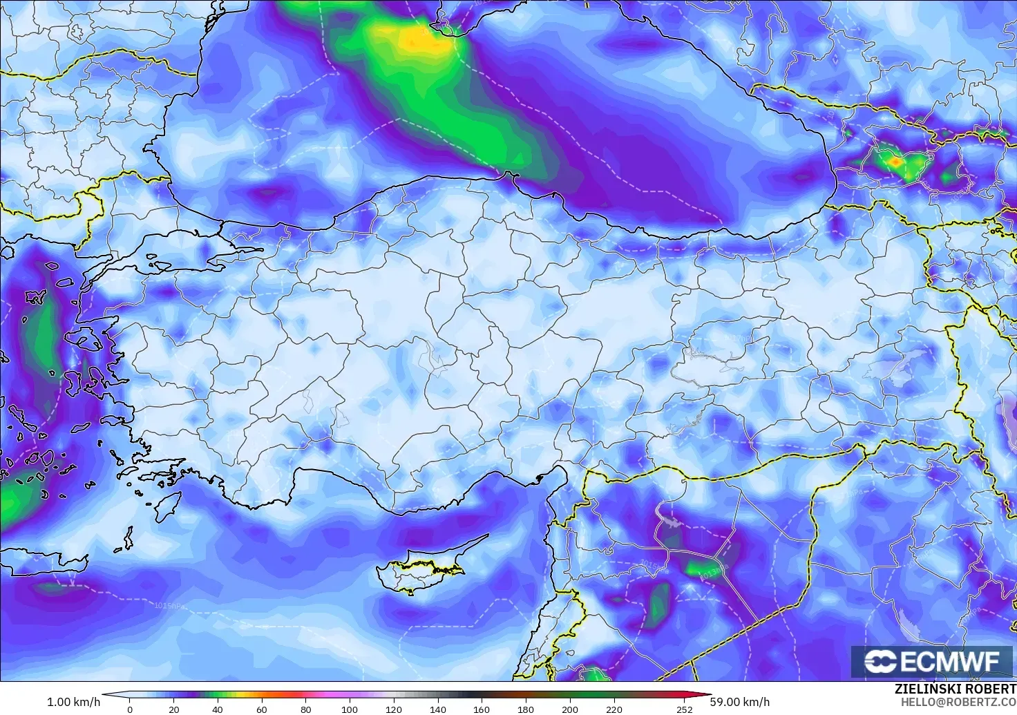 ECMWF IFS 0.25° modelo - Turquía, Ráfagas de Viento Máximas