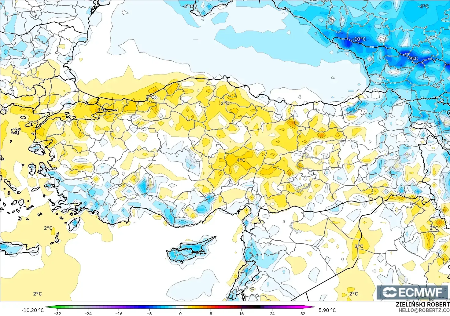 ECMWF IFS 0.25° modelo - Turquía, Anomalía de temperatura a 2 m