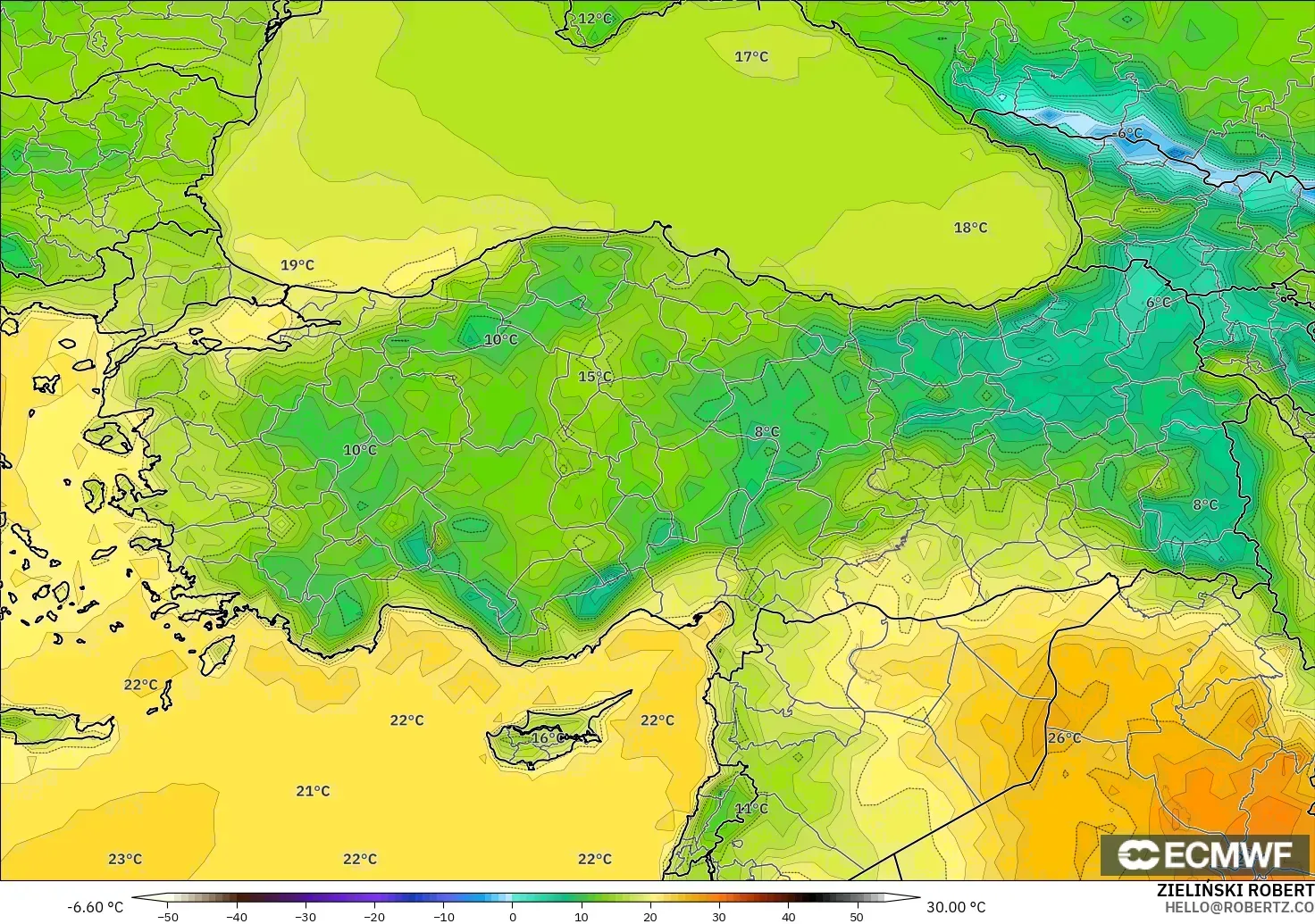 ECMWF IFS 0.25° modelo - Turquía, Temperatura a 2 m
