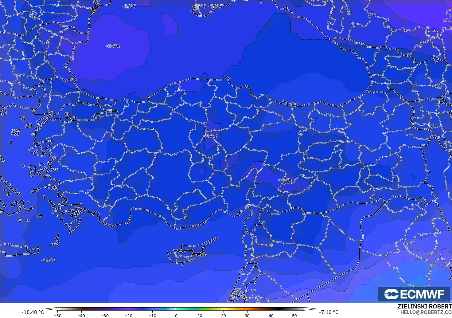 ECMWF IFS 0.25° modelo - Turquía, Temperatura a 500 hPa