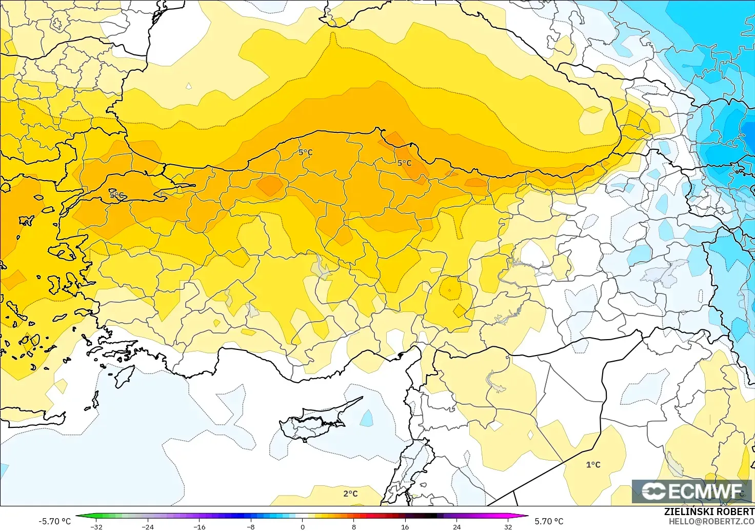 ECMWF IFS 0.25° modelo - Turquía, Anomalía de temperatura a 850 hPa