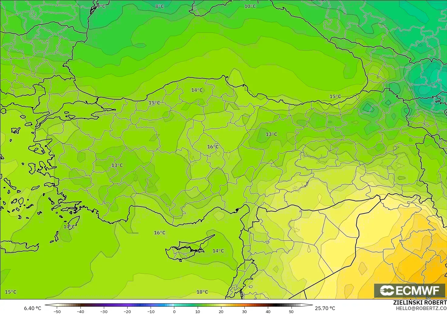 ECMWF IFS 0.25° modelo - Turquía, Temperatura a 850 hPa