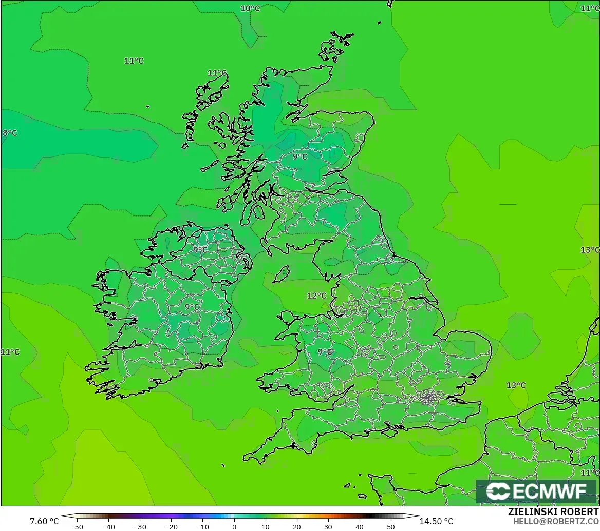ECMWF IFS 0.25° modelo - Reino Unido, Punto de rocío a 2 m