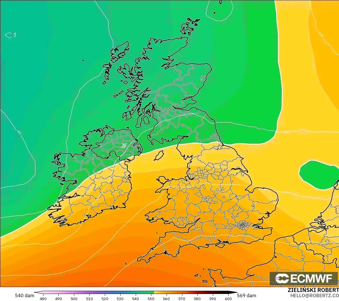 ECMWF IFS 0.25° modelo - Reino Unido, Altura geopotencial a 500 hPa
