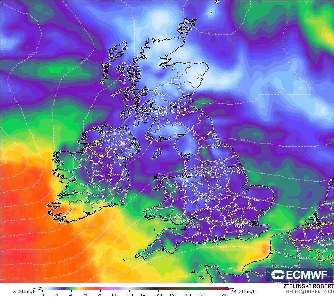 ECMWF IFS 0.25° modelo - Reino Unido, Ráfagas de Viento Máximas