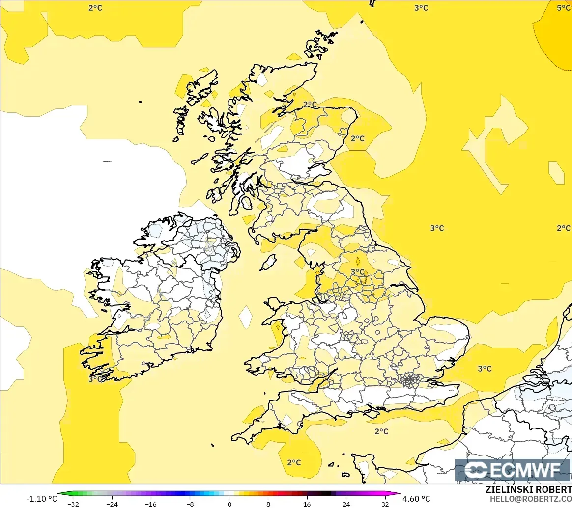 ECMWF IFS 0.25° modelo - Reino Unido, Anomalía de temperatura a 2 m