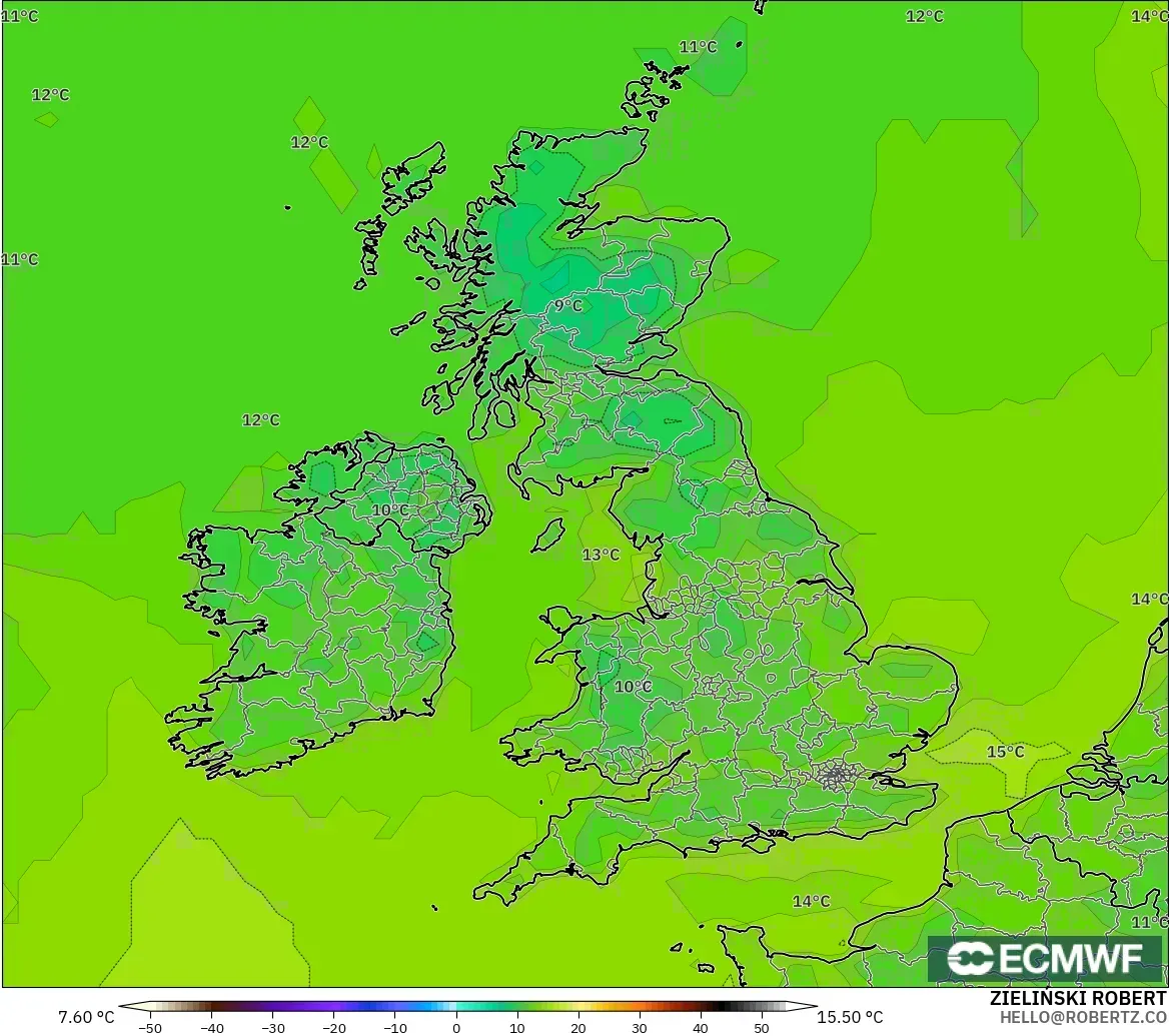 ECMWF IFS 0.25° modelo - Reino Unido, Temperatura a 2 m