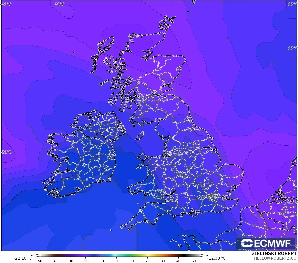 ECMWF IFS 0.25° modelo - Reino Unido, Temperatura a 500 hPa