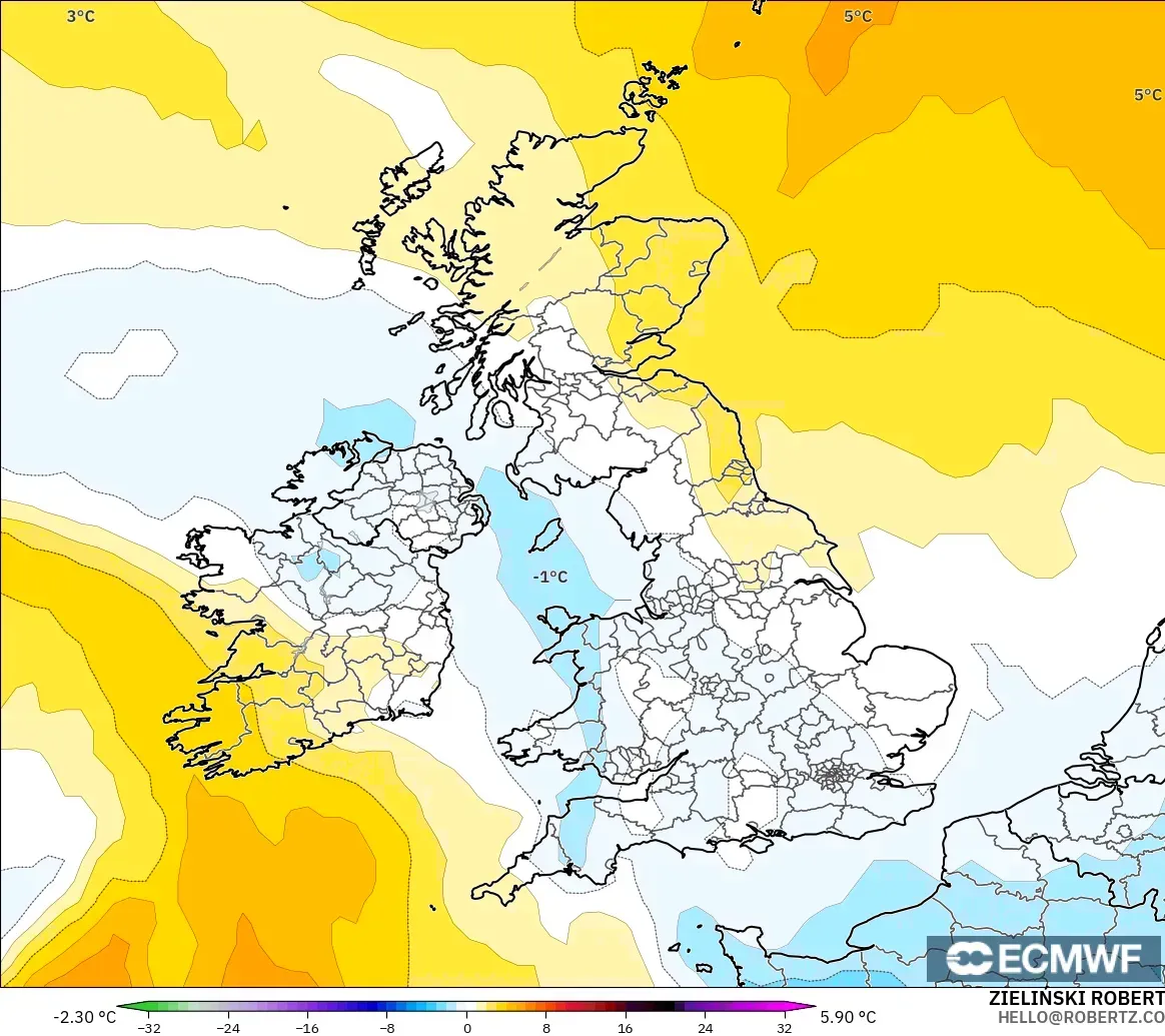 ECMWF IFS 0.25° modelo - Reino Unido, Anomalía de temperatura a 850 hPa