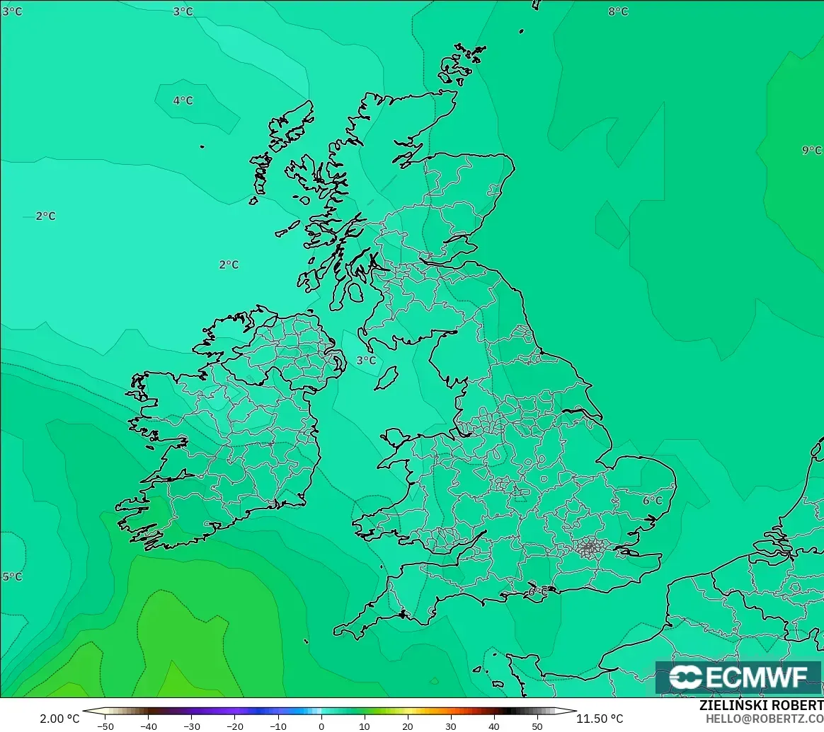ECMWF IFS 0.25° modelo - Reino Unido, Temperatura a 850 hPa
