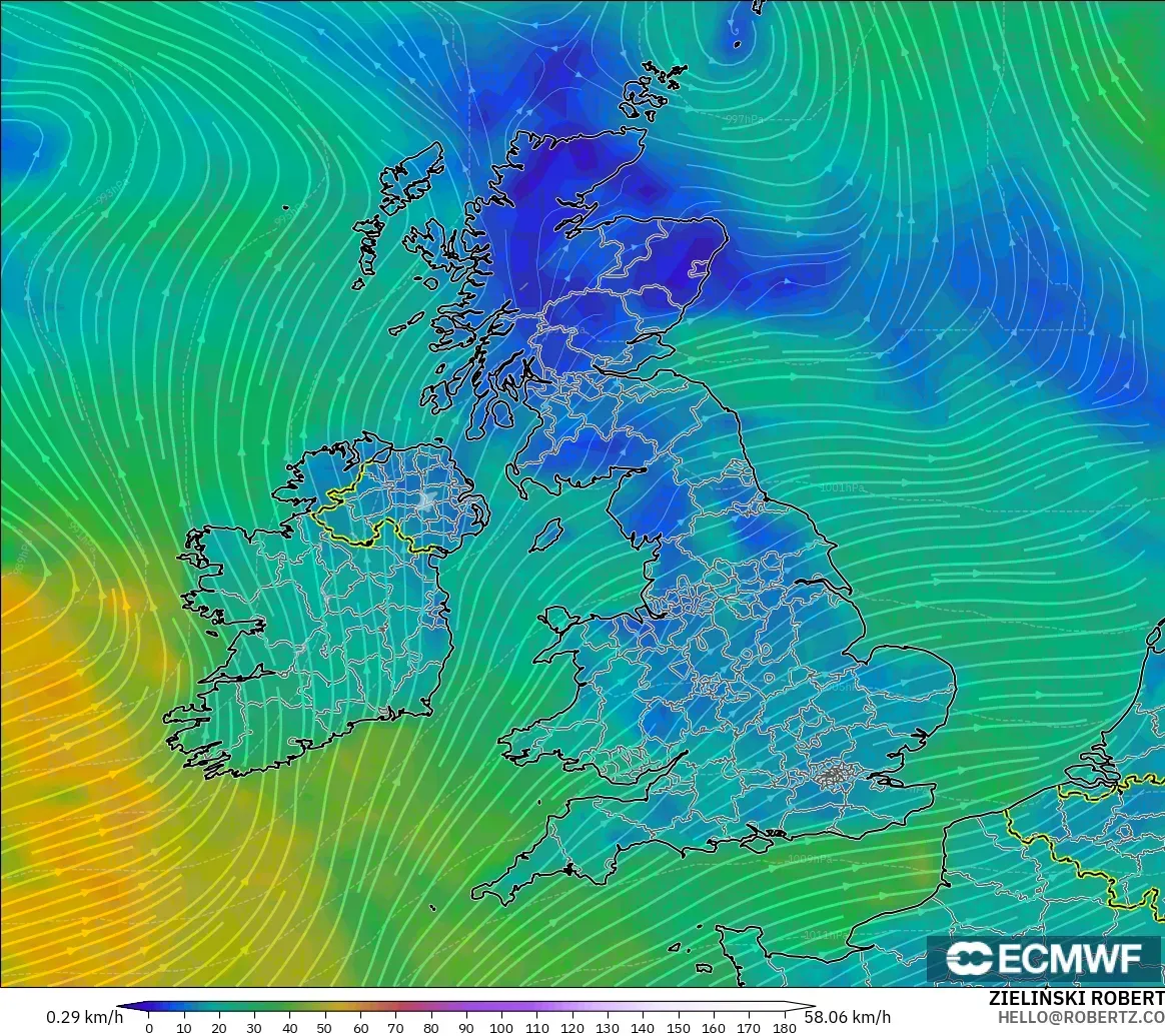 ECMWF IFS 0.25° modelo - Reino Unido, Viento a 10 m