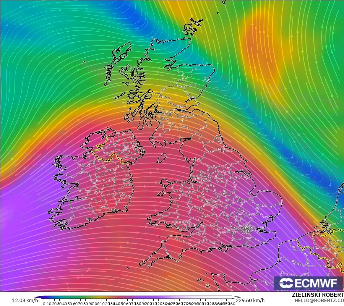 ECMWF IFS 0.25° modelo - Reino Unido, Viento a 300 hPa (corriente en chorro)