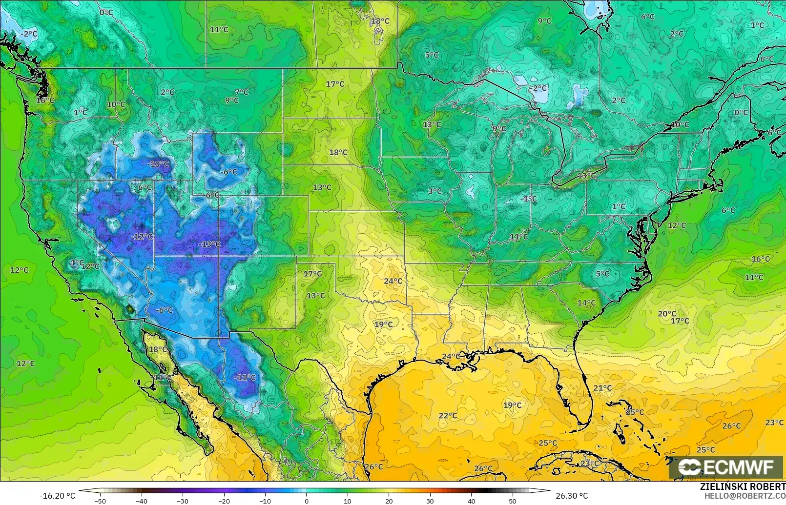 ECMWF IFS 0.25° modelo - Estados Unidos, Punto de rocío a 2 m