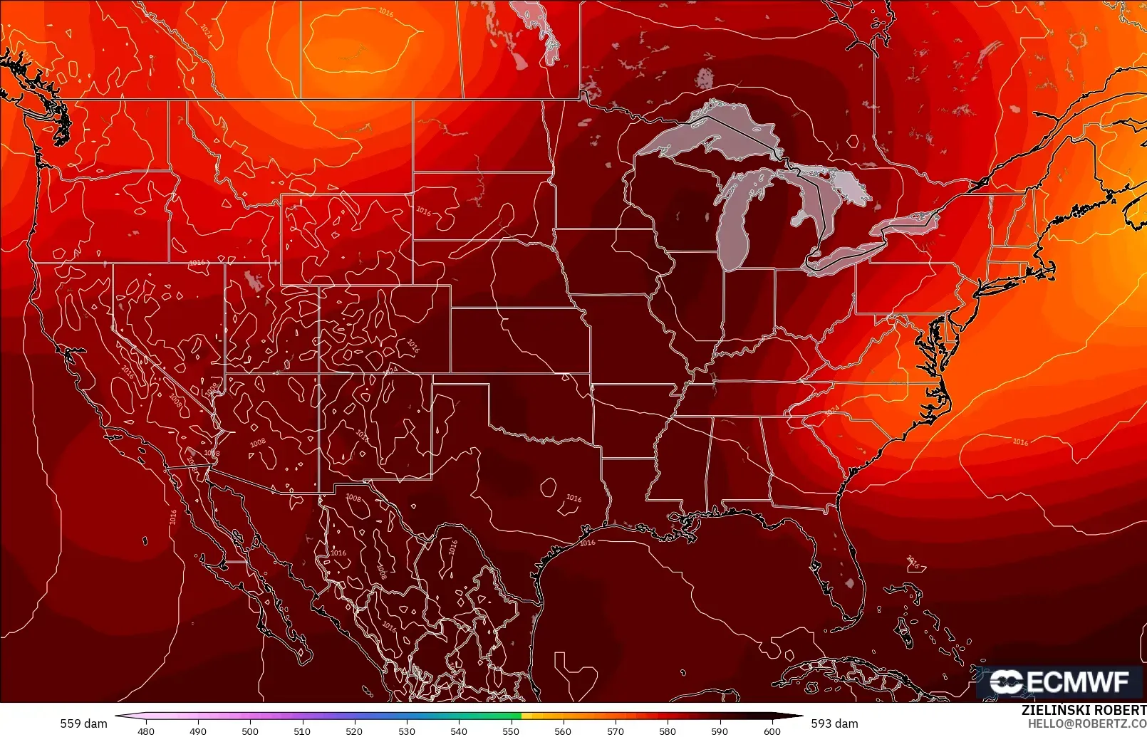 ECMWF IFS 0.25° modelo - Estados Unidos, Altura geopotencial a 500 hPa