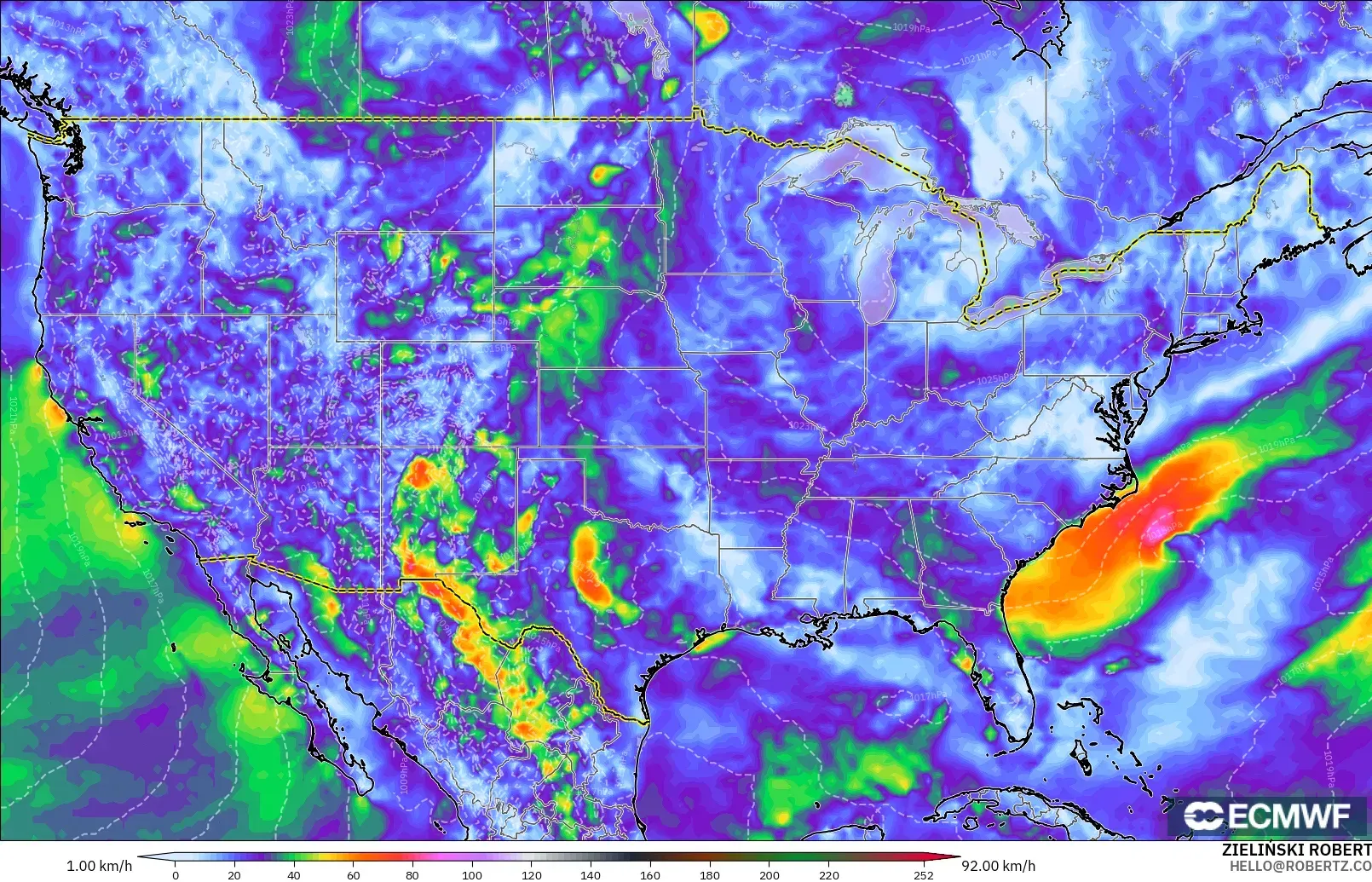 ECMWF IFS 0.25° modelo - Estados Unidos, Ráfagas de viento