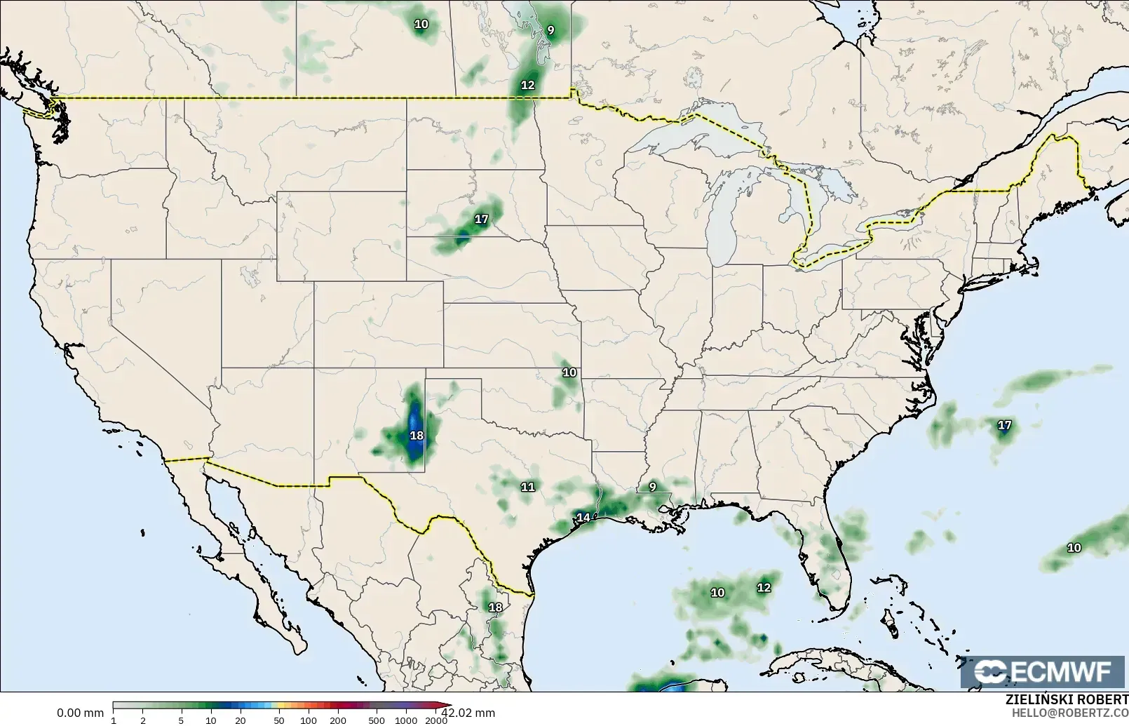 ECMWF IFS 0.25° modelo - Estados Unidos, Acumulación de precipitación