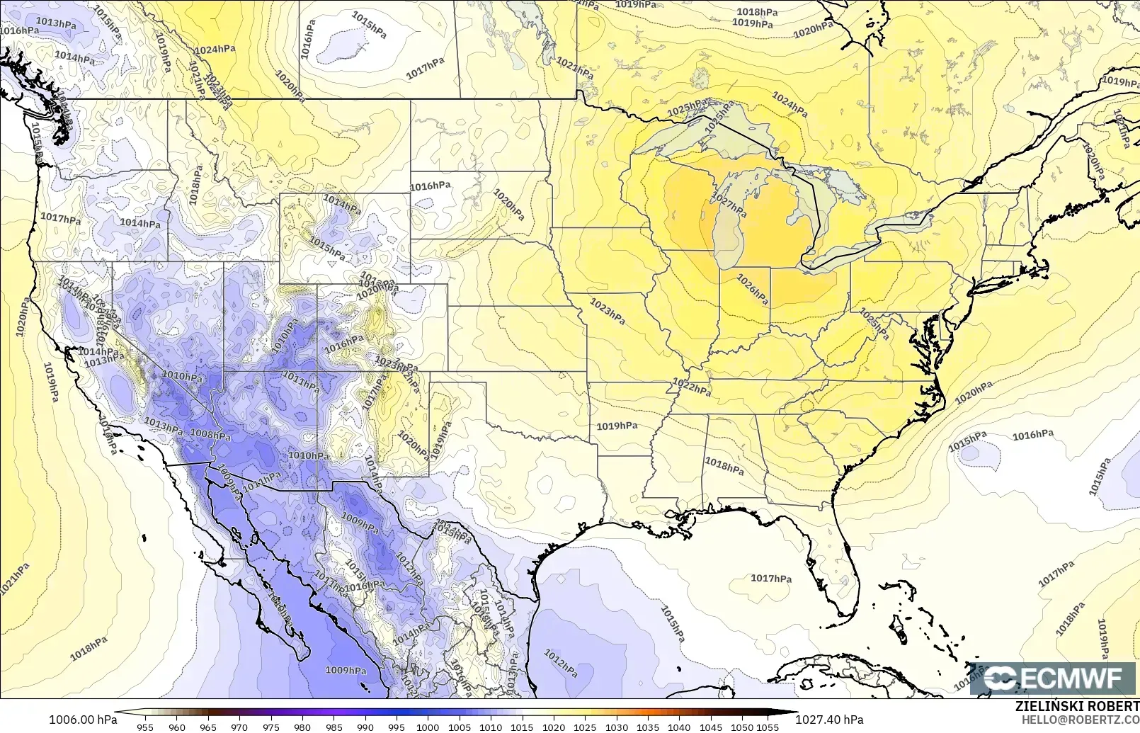 ECMWF IFS 0.25° modelo - Estados Unidos, Presión