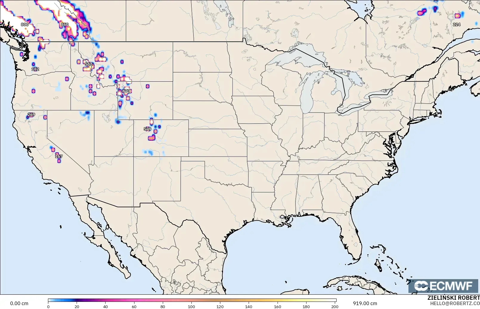 ECMWF IFS 0.25° modelo - Estados Unidos, Profundidad de nieve
