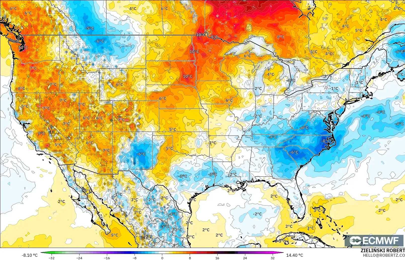ECMWF IFS 0.25° modelo - Estados Unidos, Anomalía de temperatura a 2 m
