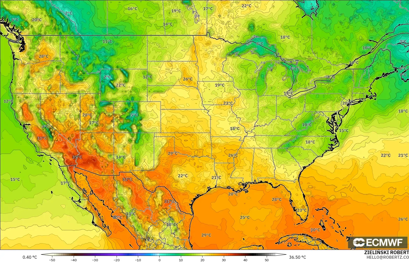 ECMWF IFS 0.25° modelo - Estados Unidos, Temperatura a 2 m