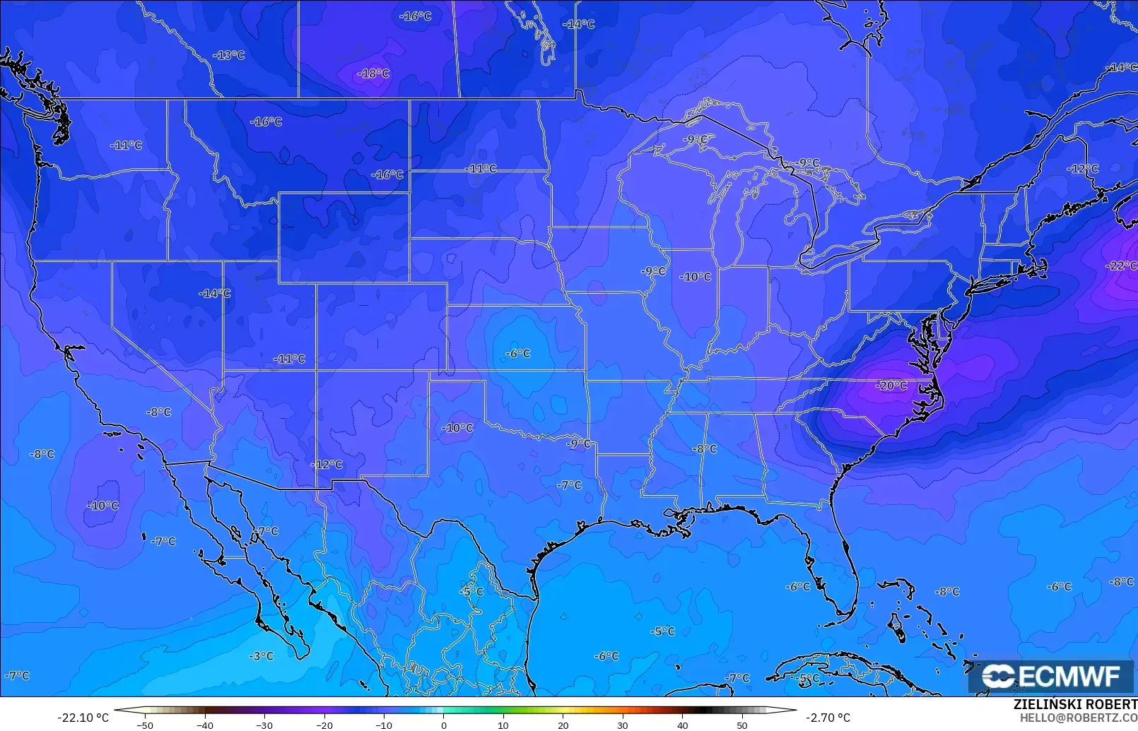 ECMWF IFS 0.25° modelo - Estados Unidos, Temperatura a 500 hPa