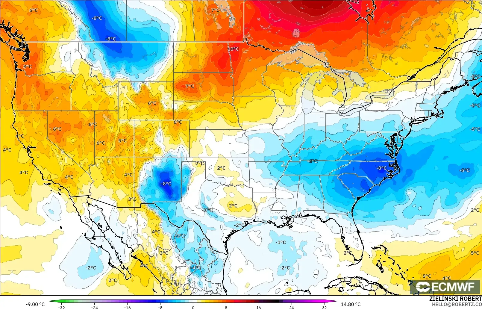 ECMWF IFS 0.25° modelo - Estados Unidos, Anomalía de temperatura a 850 hPa