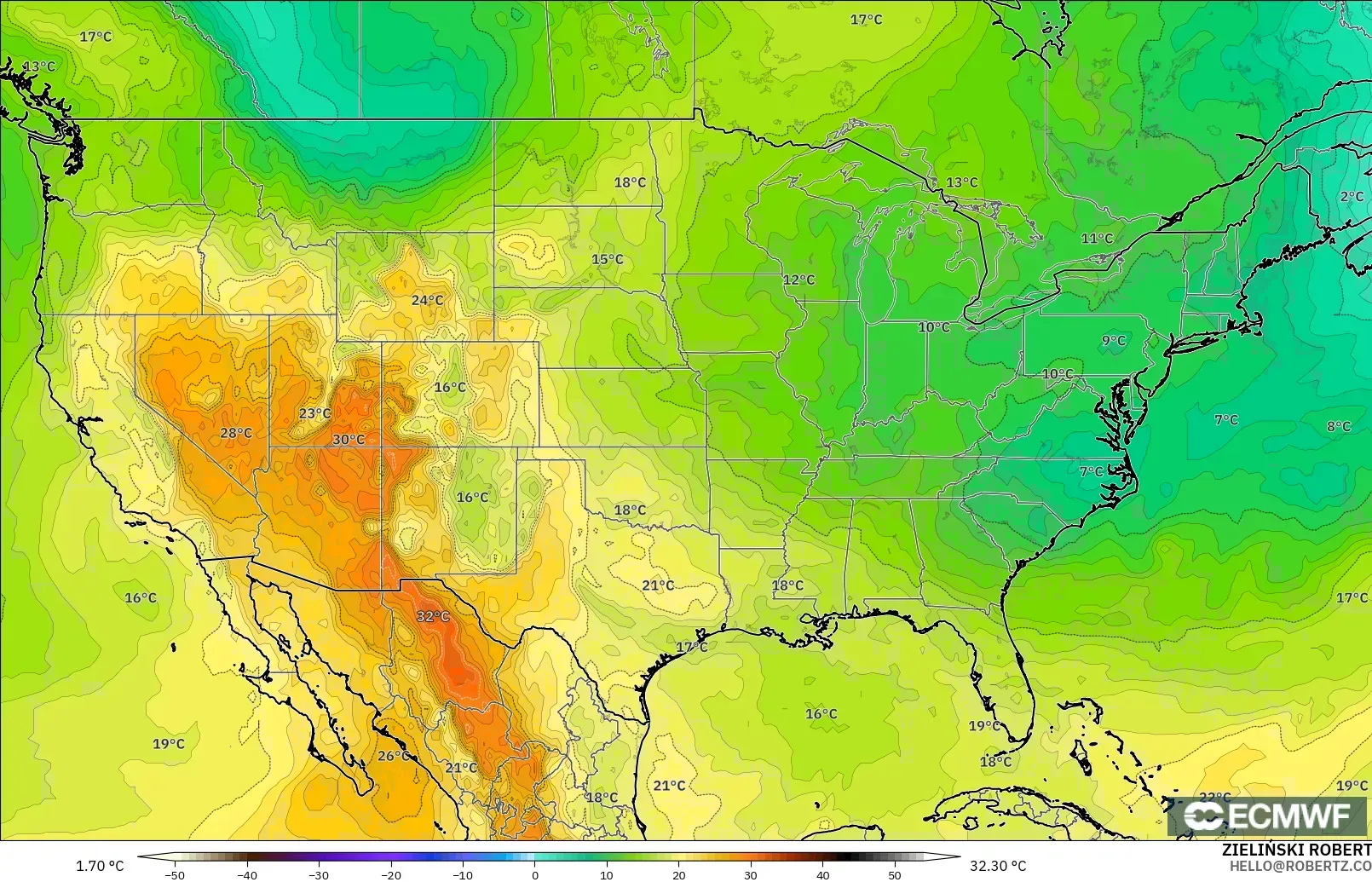ECMWF IFS 0.25° modelo - Estados Unidos, Temperatura a 850 hPa