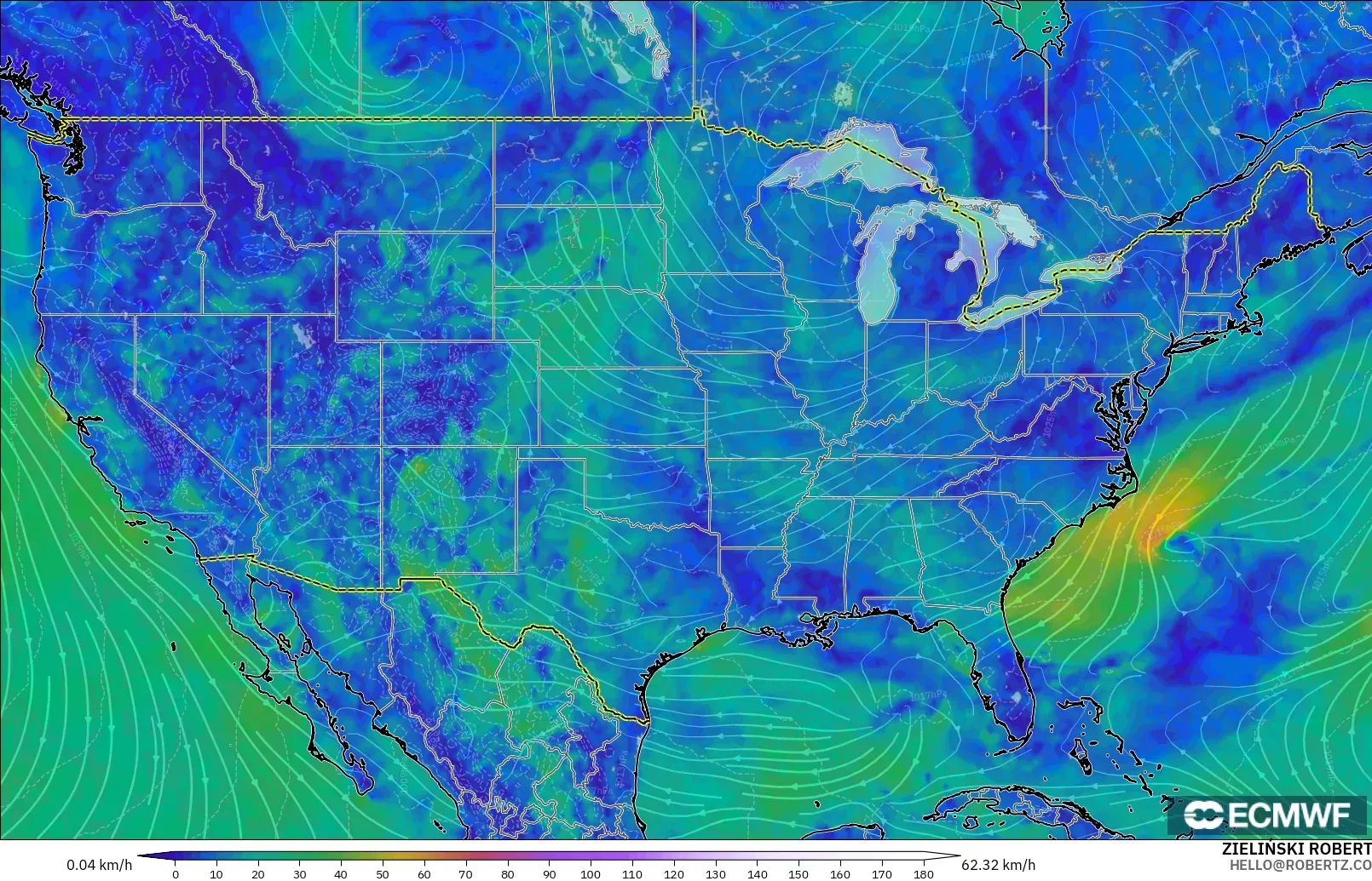 ECMWF IFS 0.25° modelo - Estados Unidos, Viento a 10 m